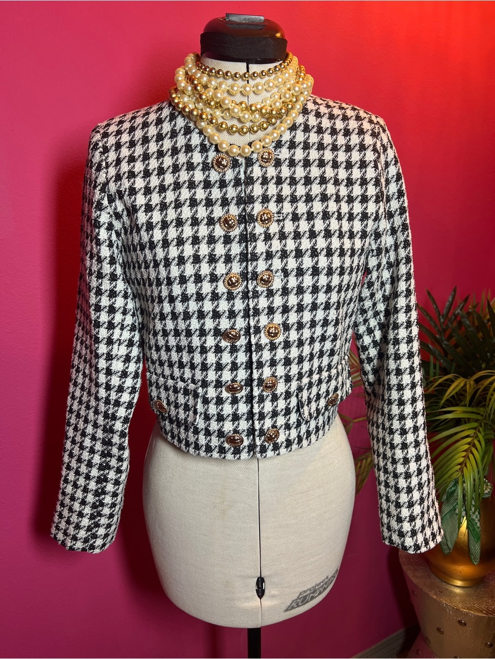 Aqua Black & White Houndstooth Cropped Blazer